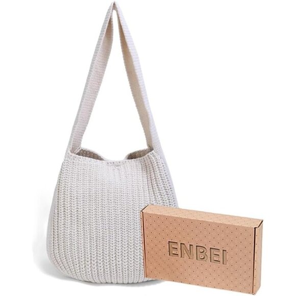 Women's Creamy White Shoulder Handbags Crocheted Bags Large Knit Bag Tote Bag - Picture 3 of 9